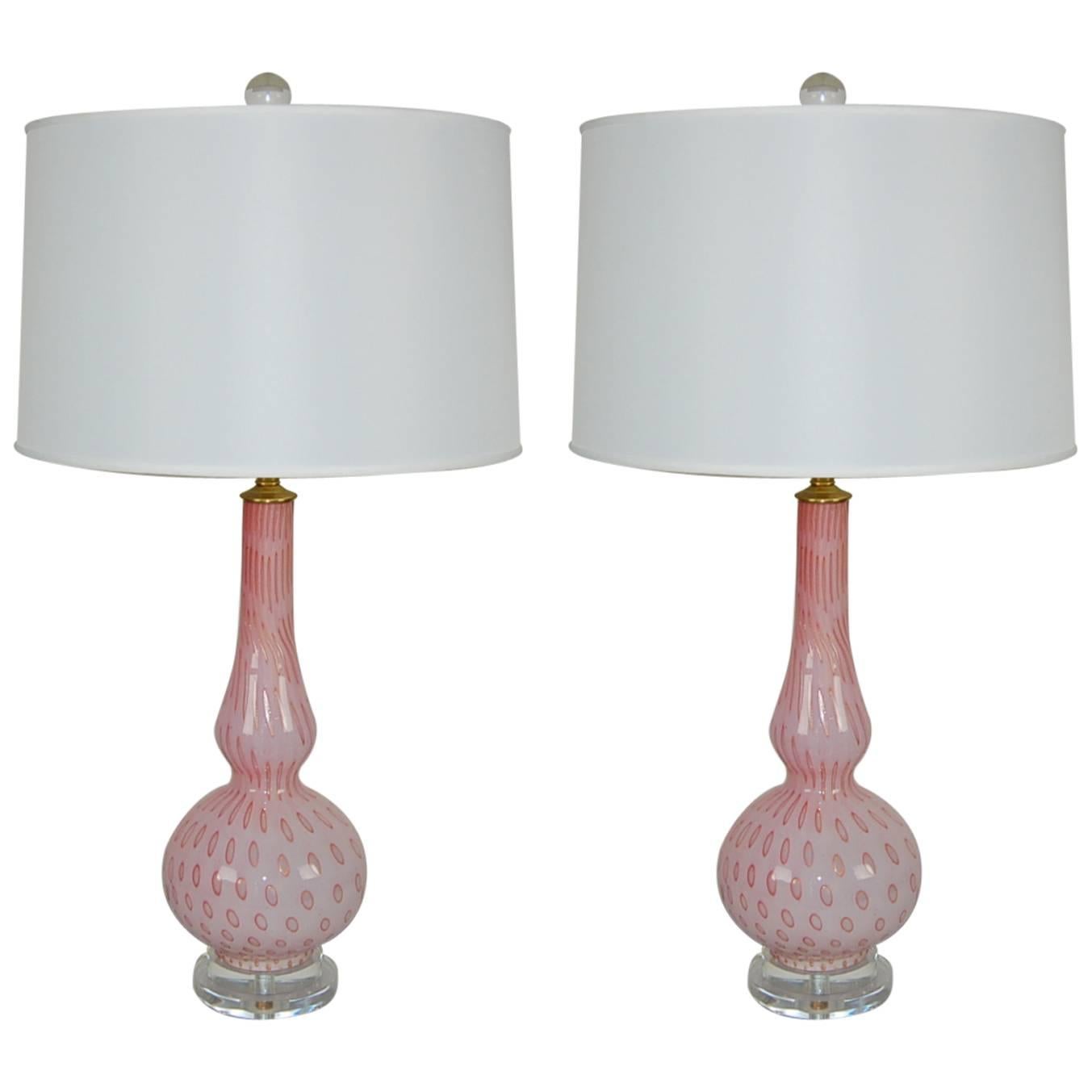 Matched Pair of Vintage Murano Lamps in Pink by Marbro