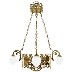 Italian Cast Brass Hanging Fixture with Four Glass Shades