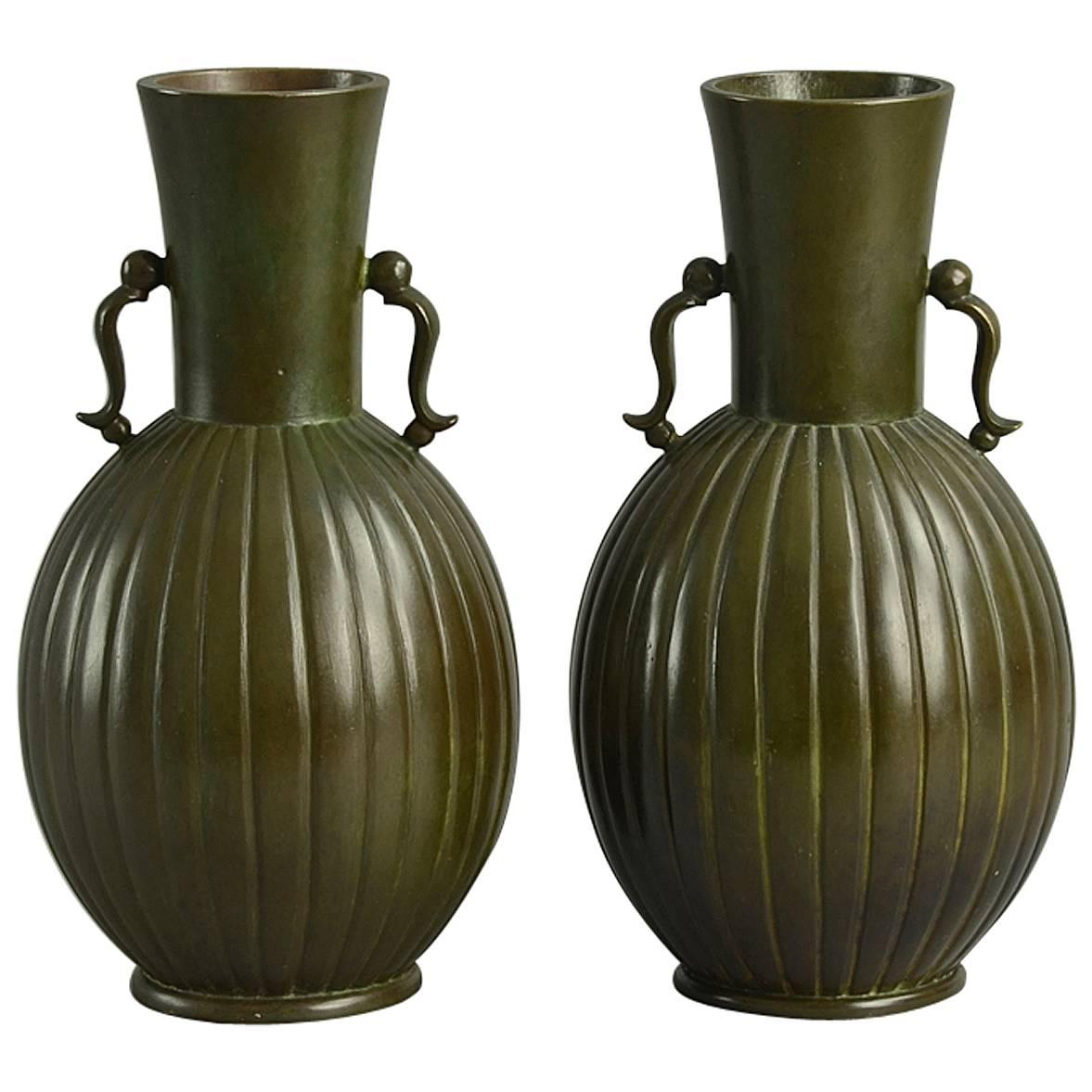 Pair of Bronze Vases by Just Andersen for GAB, Sweden For Sale