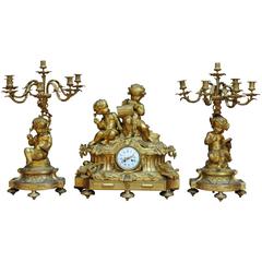19th Century Large Gilt Bronze Three-Piece Clock Set with Musician Cherubs
