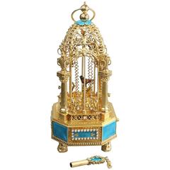 Vintage Silver Gilt, Turquoise Enamel Singing Bird Cage