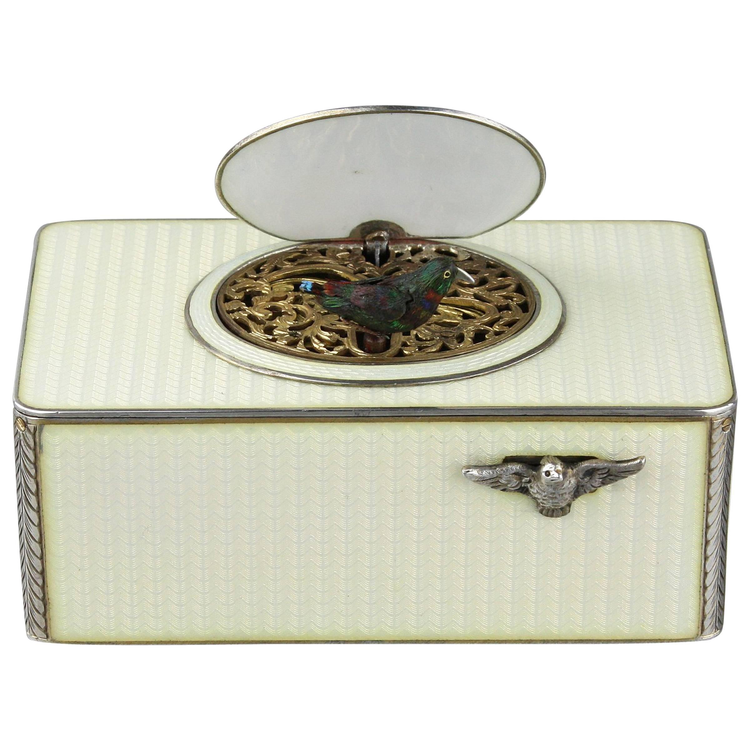 Vintage Silver and Full Cream Guilloche Enamel Singing Bird Box