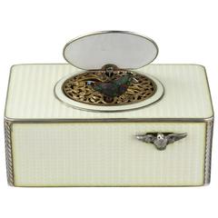 Antique Silver and Full Cream Guilloche Enamel Singing Bird Box