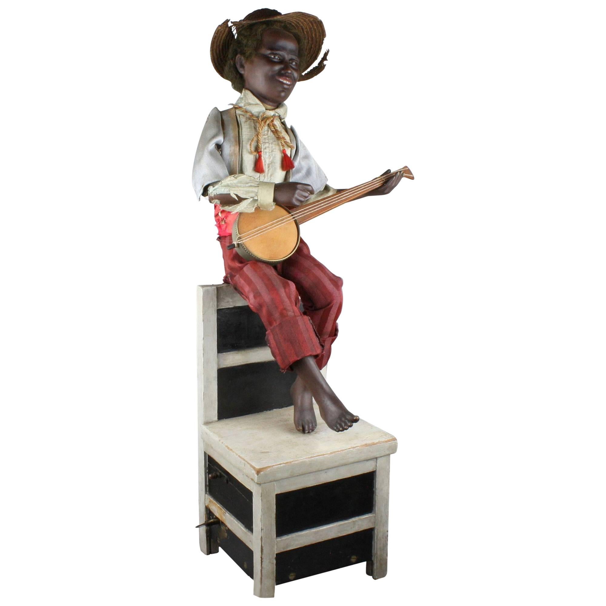 Antique Black Banjo Player Musical Automaton by Gustave Vichy