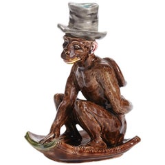 Antique Sarreguemines Majolica Darwin Monkey Candlestick, 19th Century
