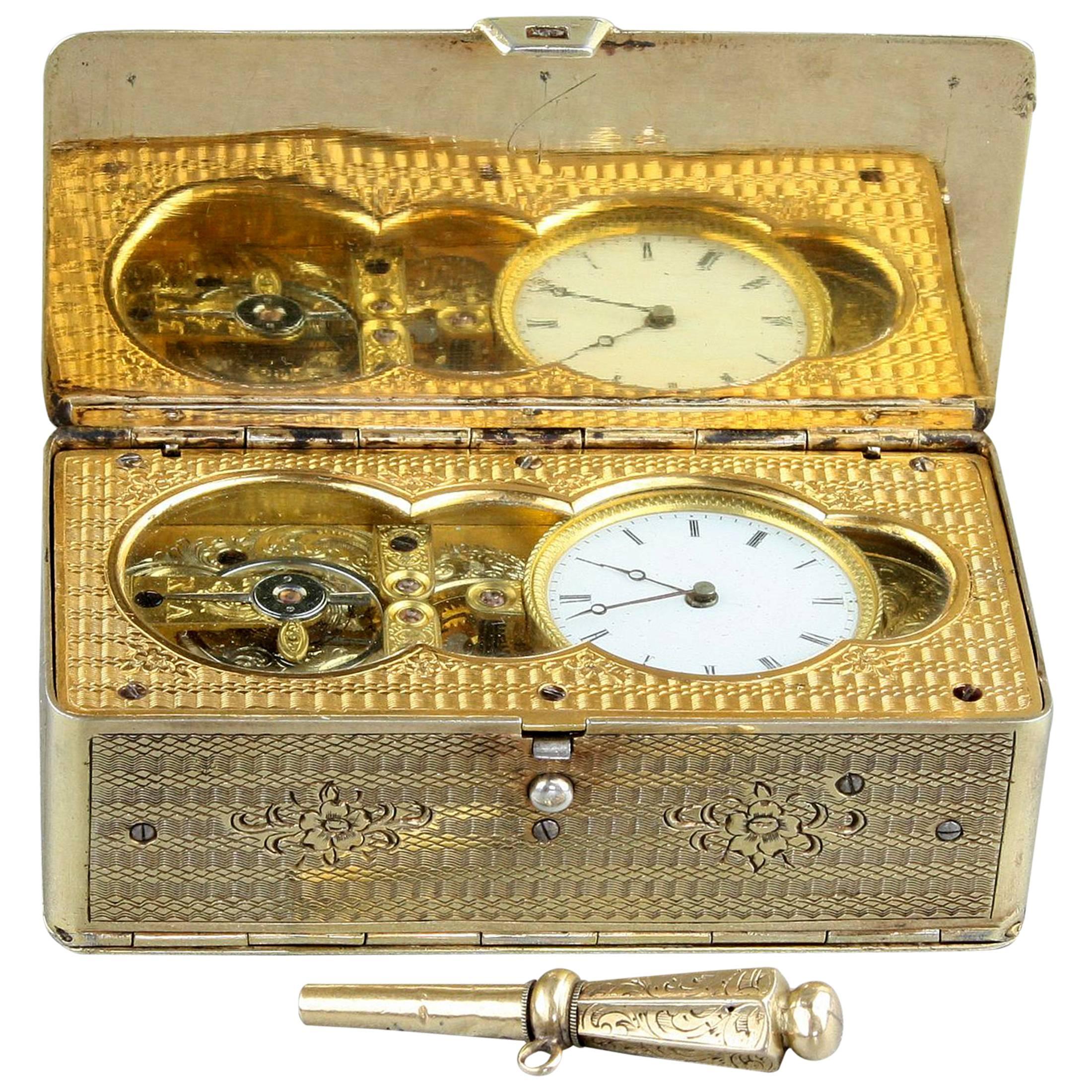 Antique Silver-Gilt Skeleton-Escapement Timepiece Snuffbox