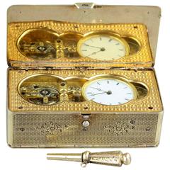 Antique Silver-Gilt Skeleton-Escapement Timepiece Snuffbox