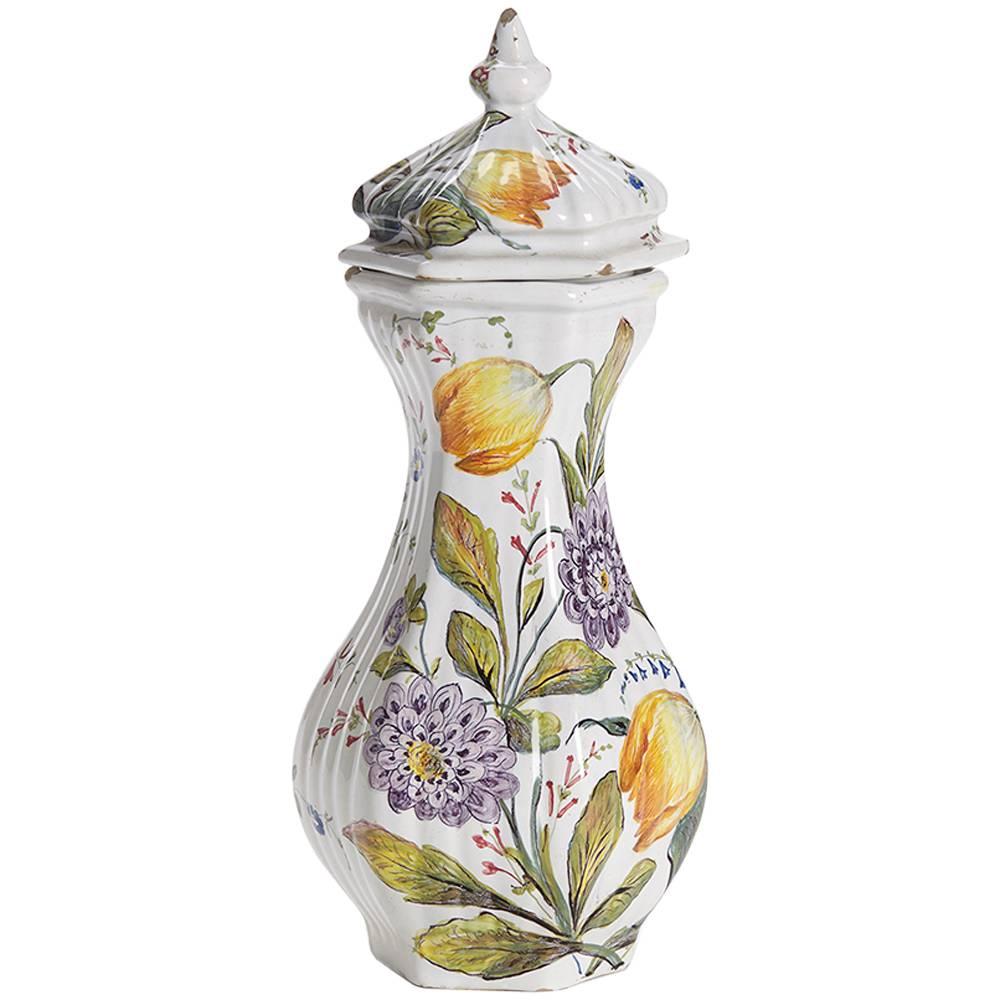 Antique Italian Le Nove Floral Painted Faience Earthenware Lidded Jar, 19th C For Sale