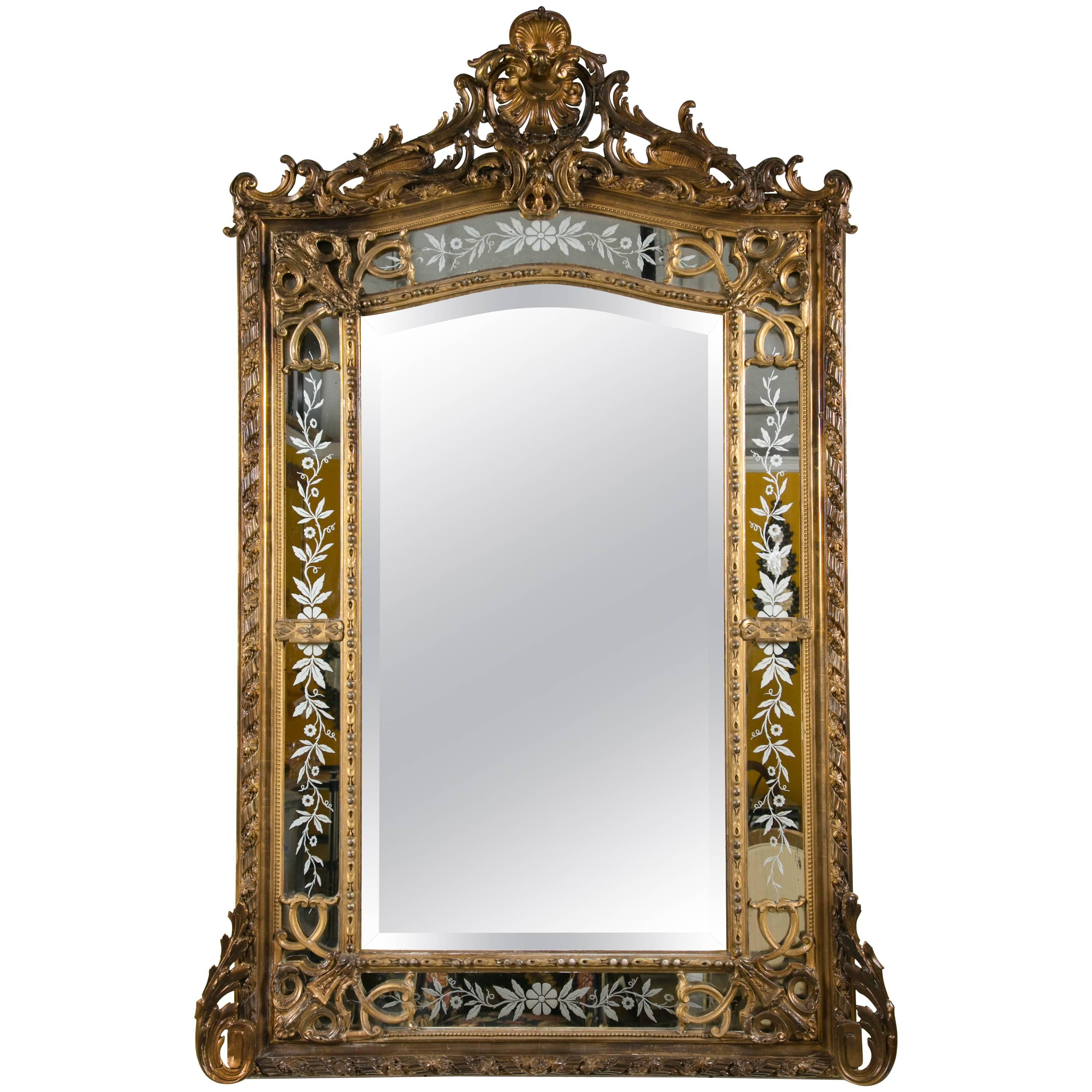 French Designer, Beaux Arts, Large Wall Mirror, Gilded Carved Wood, Gesso, 1890s For Sale