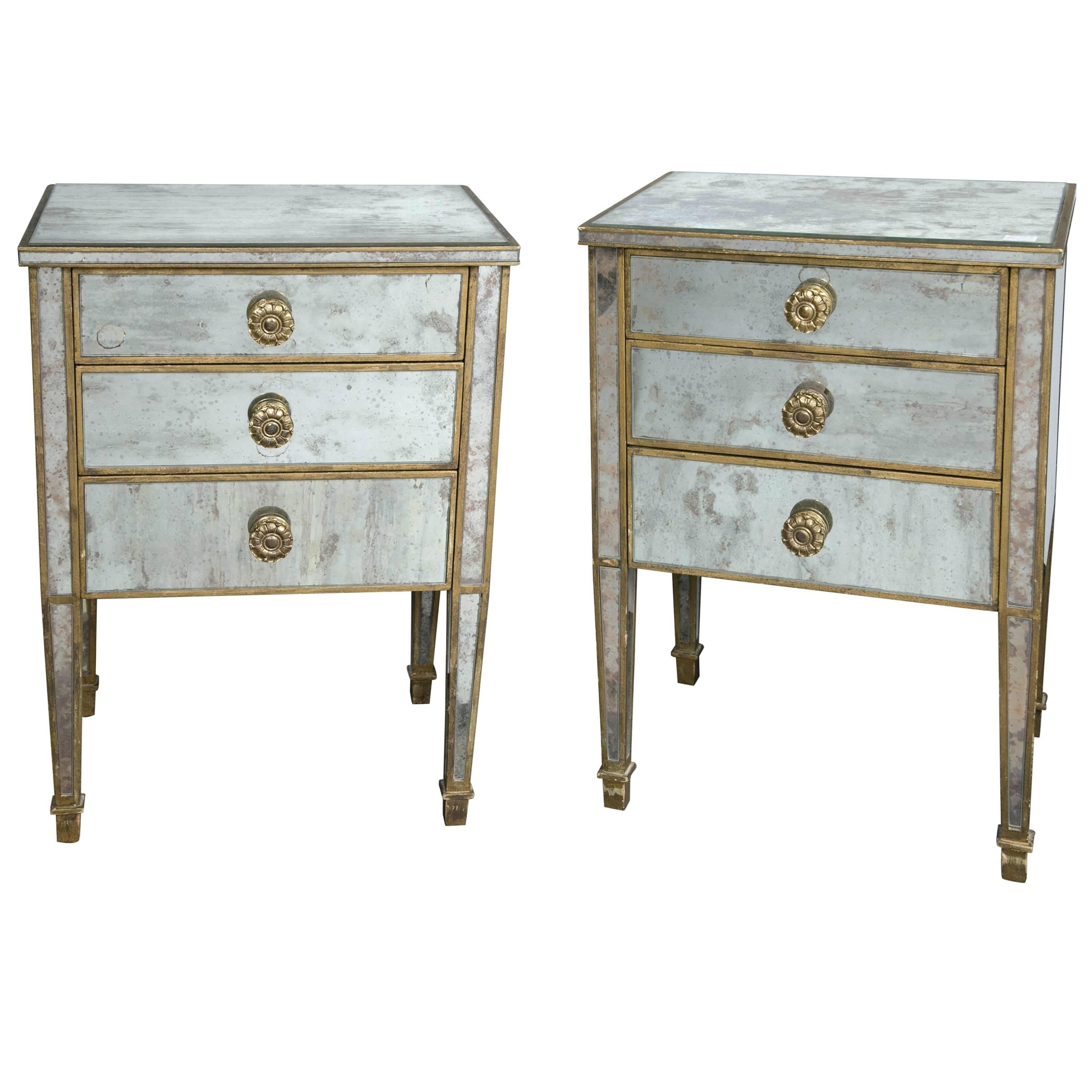 Pair of Regency Mirrored Night / End Tables Having Three Drawers