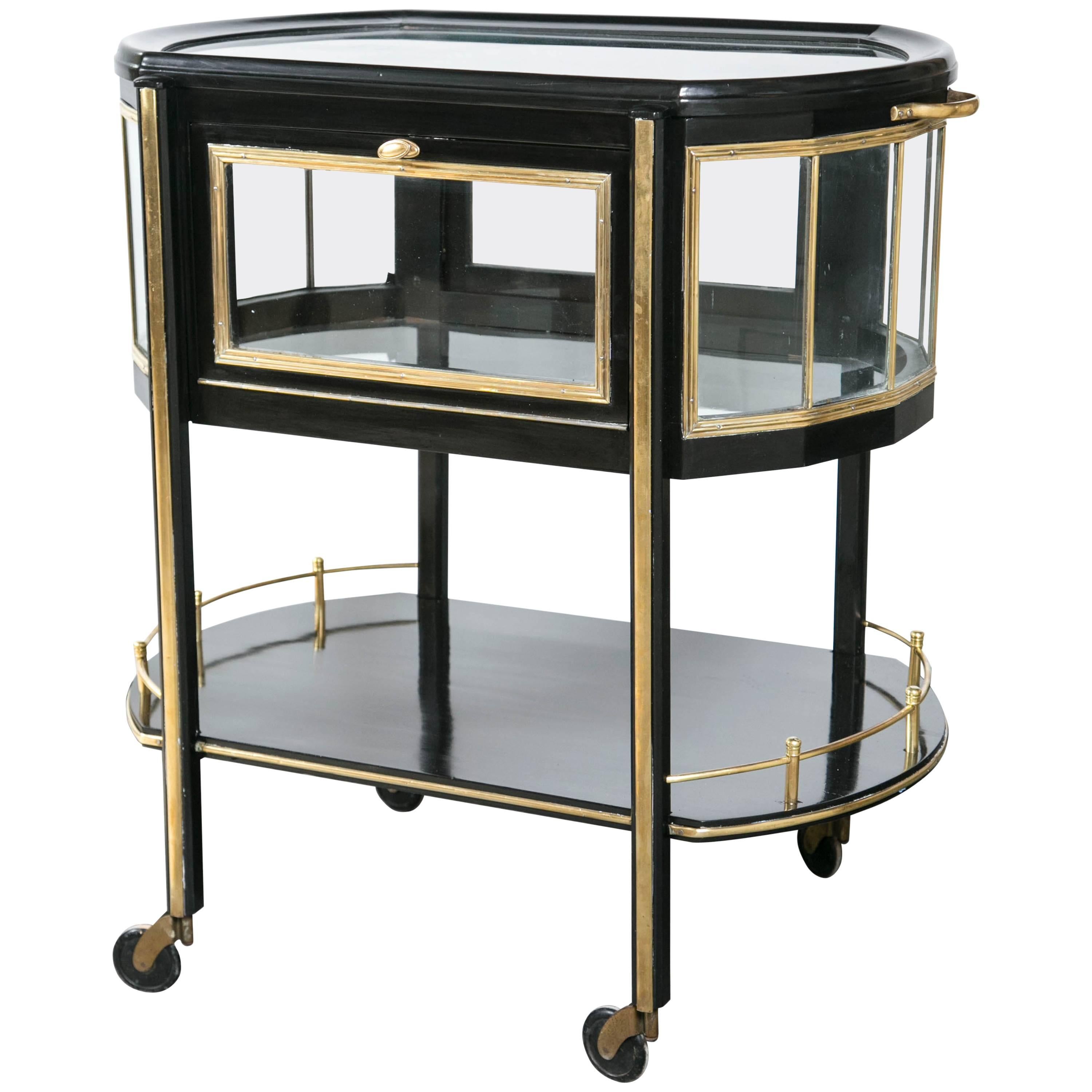 German Lacquered Mid-Century Modern Brass and Mahogany Ebonized Trolley