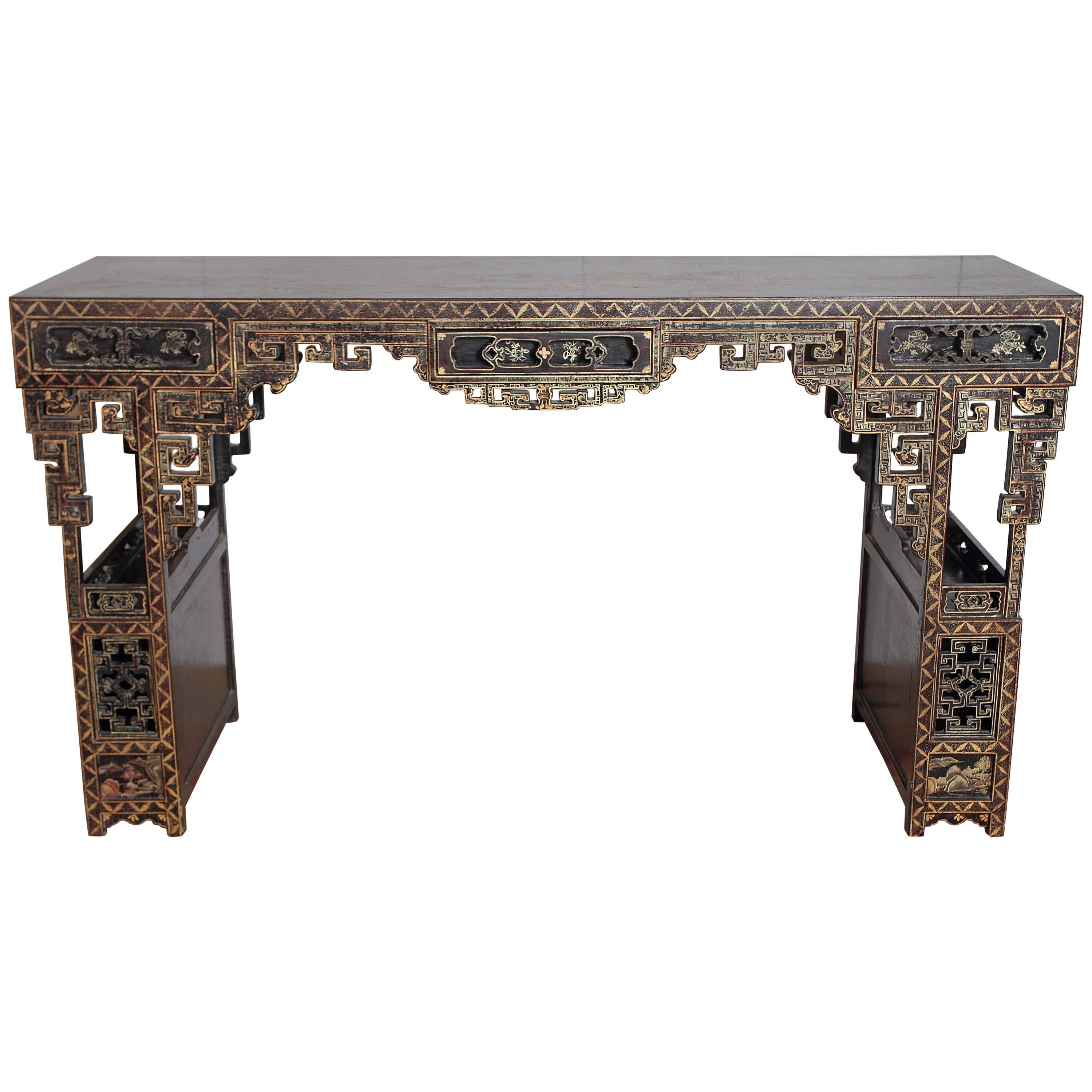 19th Century Chinese Lacquered Console, Drawers and Double Doors on Sides