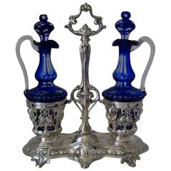 Antique Imposing French Sterling Silver Oil and Vinegar Cruet Set Baccarat Cobalt Blue