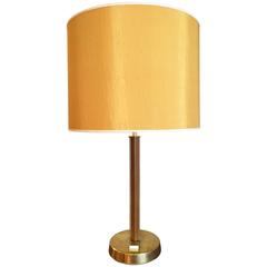 French 1950s Cognac Brown Leather and Brass Table Lamp