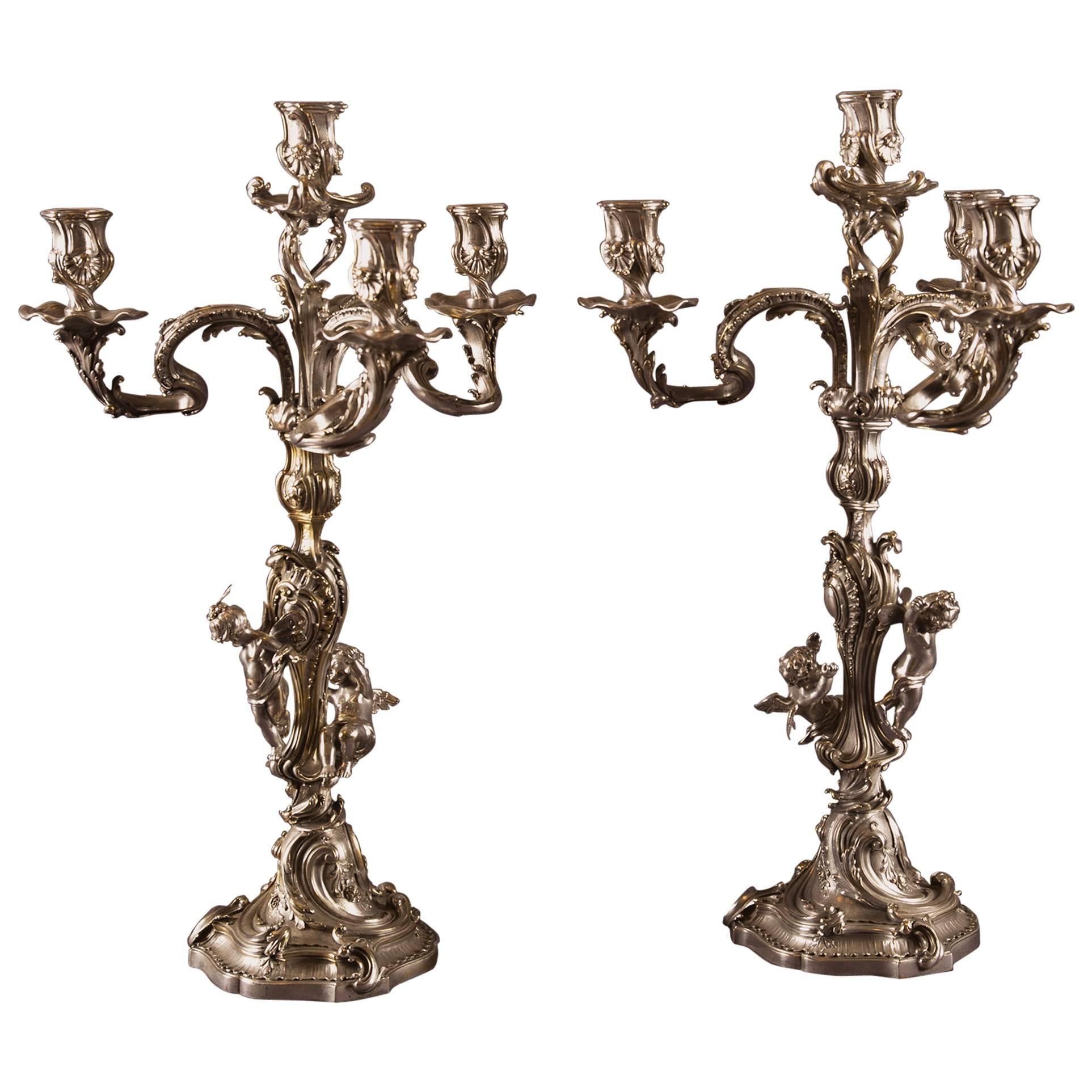 Pair of Silvered Bronze Five-Light Candelabra Each with Putti, France circa 1900 For Sale