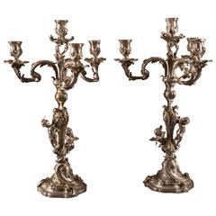 Pair of Silvered Bronze Five-Light Candelabra Each with Putti, France circa 1900