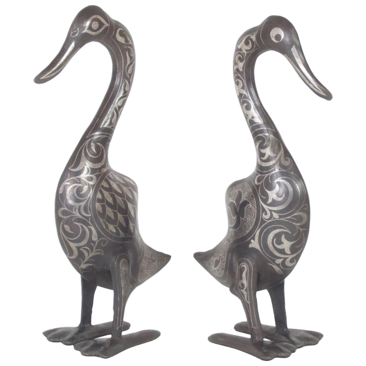 Vintage Pair of Moroccan Silvered Metal Ducks