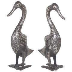 Vintage Pair of Moroccan Silvered Metal Ducks