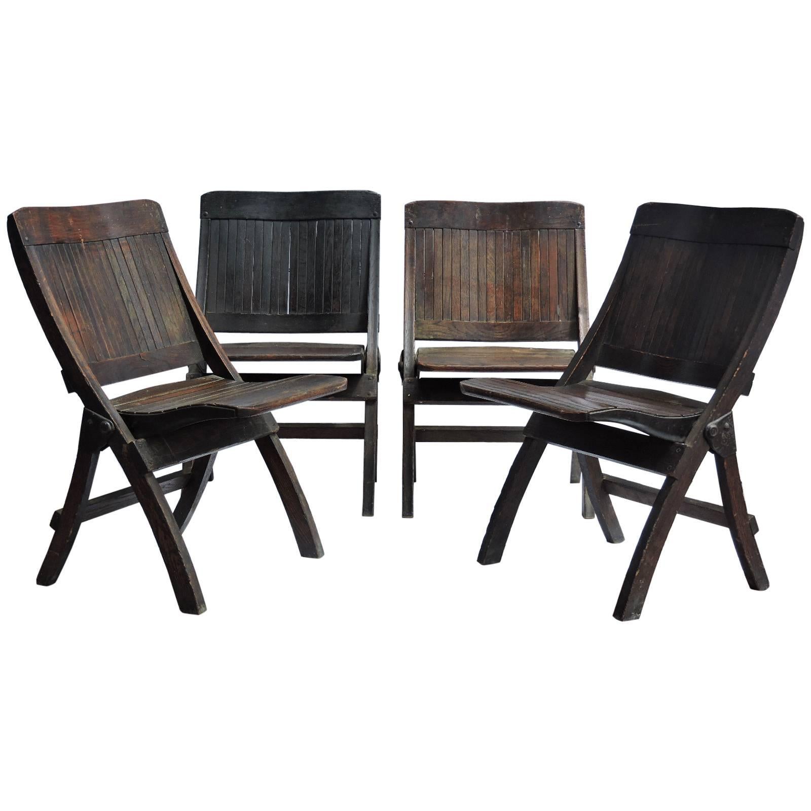 Antique Slatted Wood and Steel Folding Chairs