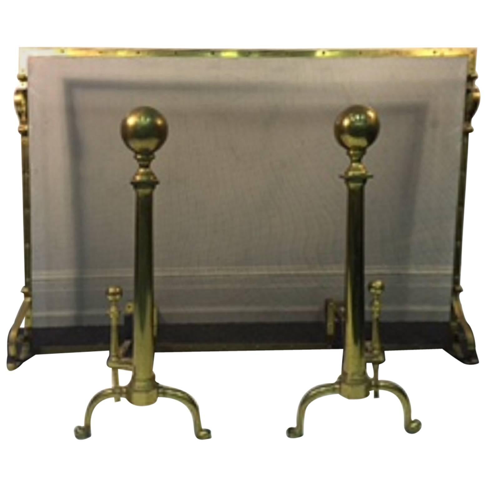 Exceptional Giant Brass Fireplace Screen with Andirons For Sale