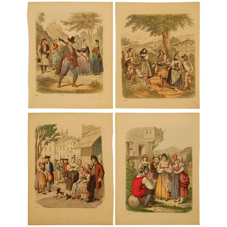 Set of Four Hand Colored 19th Century Prints Depicting European