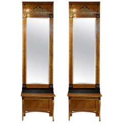 19th Century Russian Pair of Antique Beechwood, Brass Wall Mirrors and Consoles