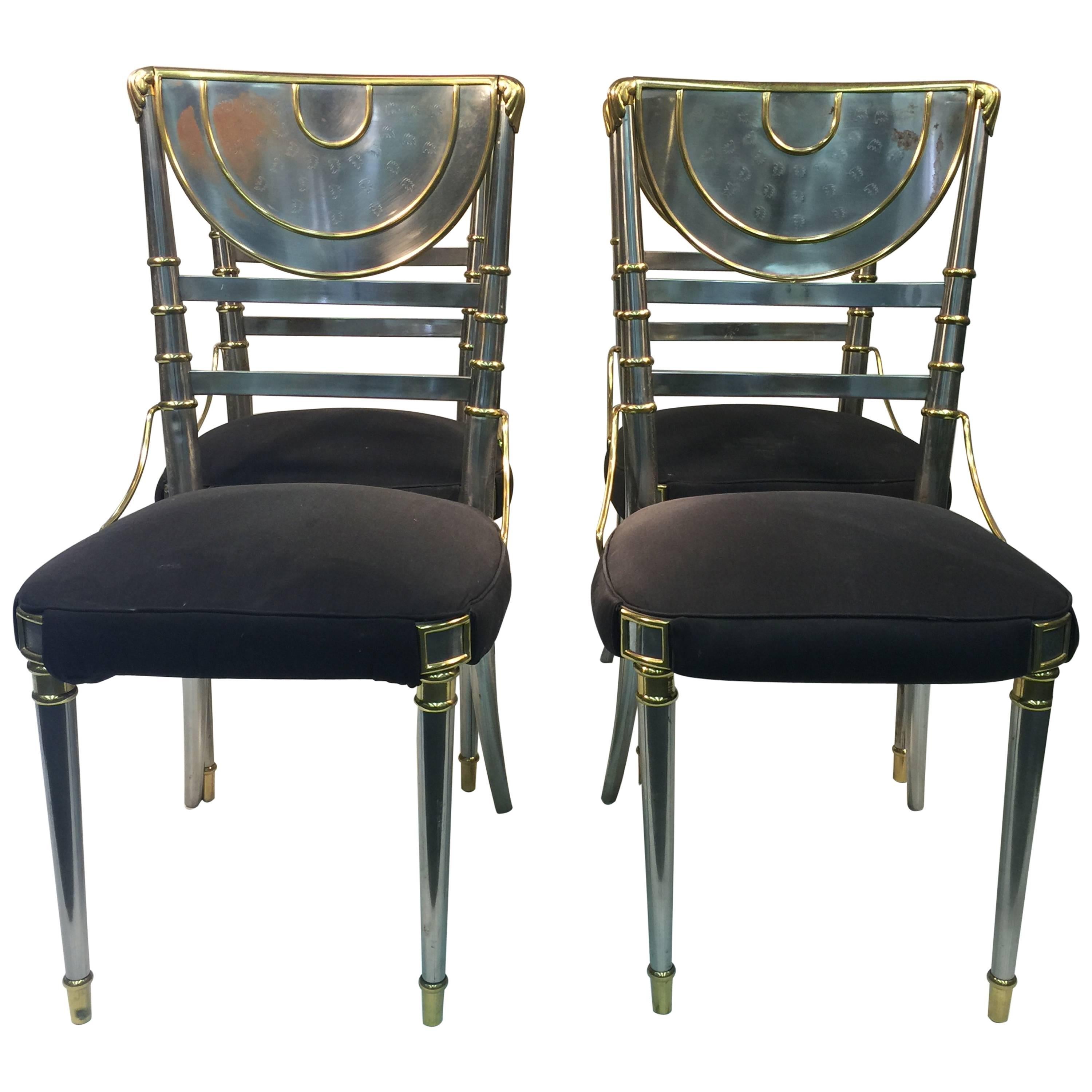 Exceptional Set of Four Steel Dining Chairs with Brass Accents by Maison Jansen For Sale