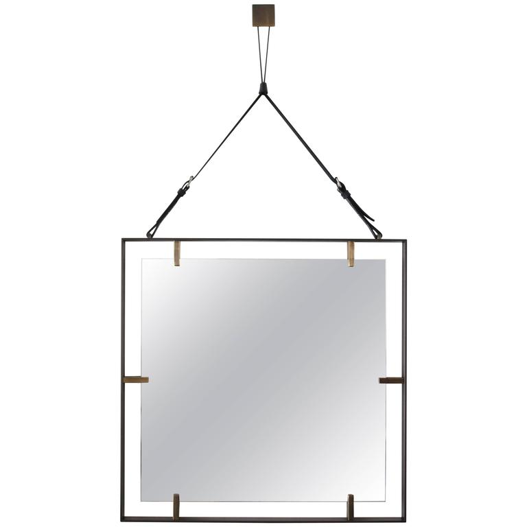 Square Metal and Leather Mirror For Sale at 1stdibs