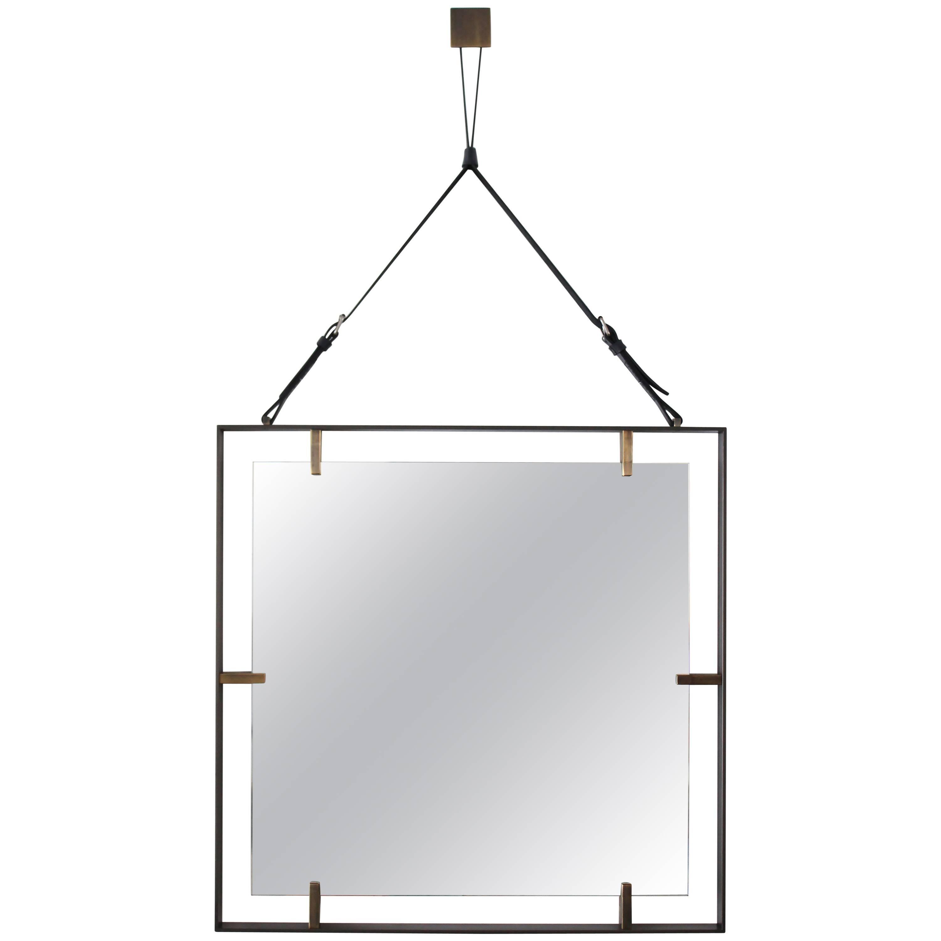 Square Metal and Leather Mirror For Sale