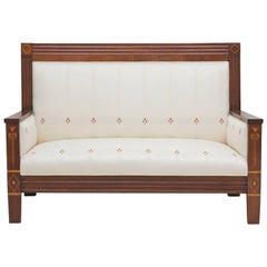 Antique German Arts & Crafts Loveseat Upholstered in Period Style Fabric circa 1900-1910