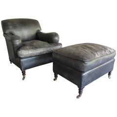 George Smith Charcoal Leather Armchair and Ottoman