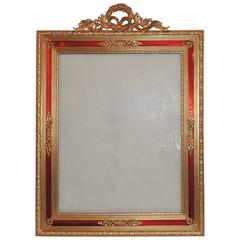 French Louis XVI Bronze Red Guilloche Enameled Picture Frame Wreath Ribbon Crest