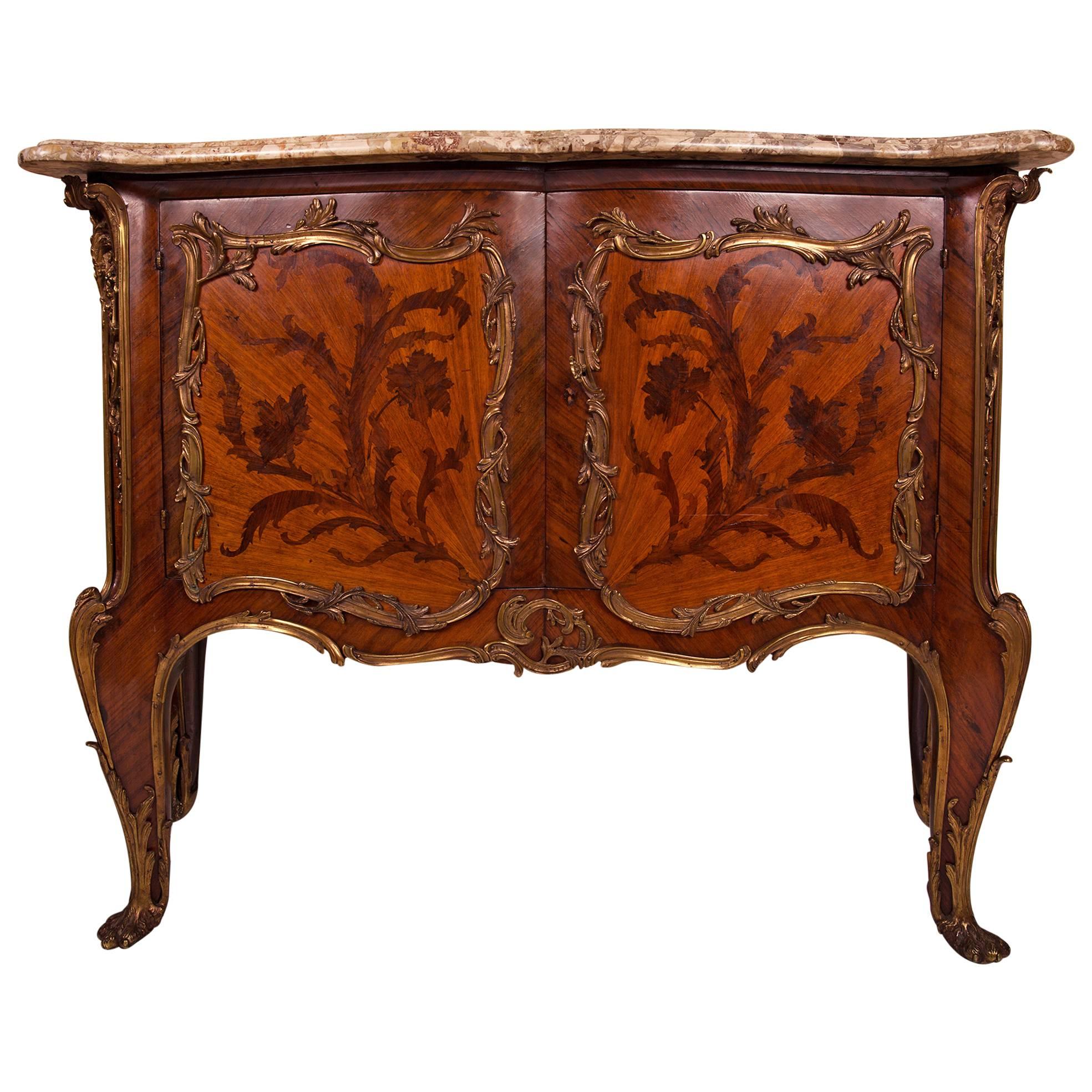 French Two-Door Cabinet in Tulipwood, Rosewood Marquetry and Bronze Ornaments For Sale