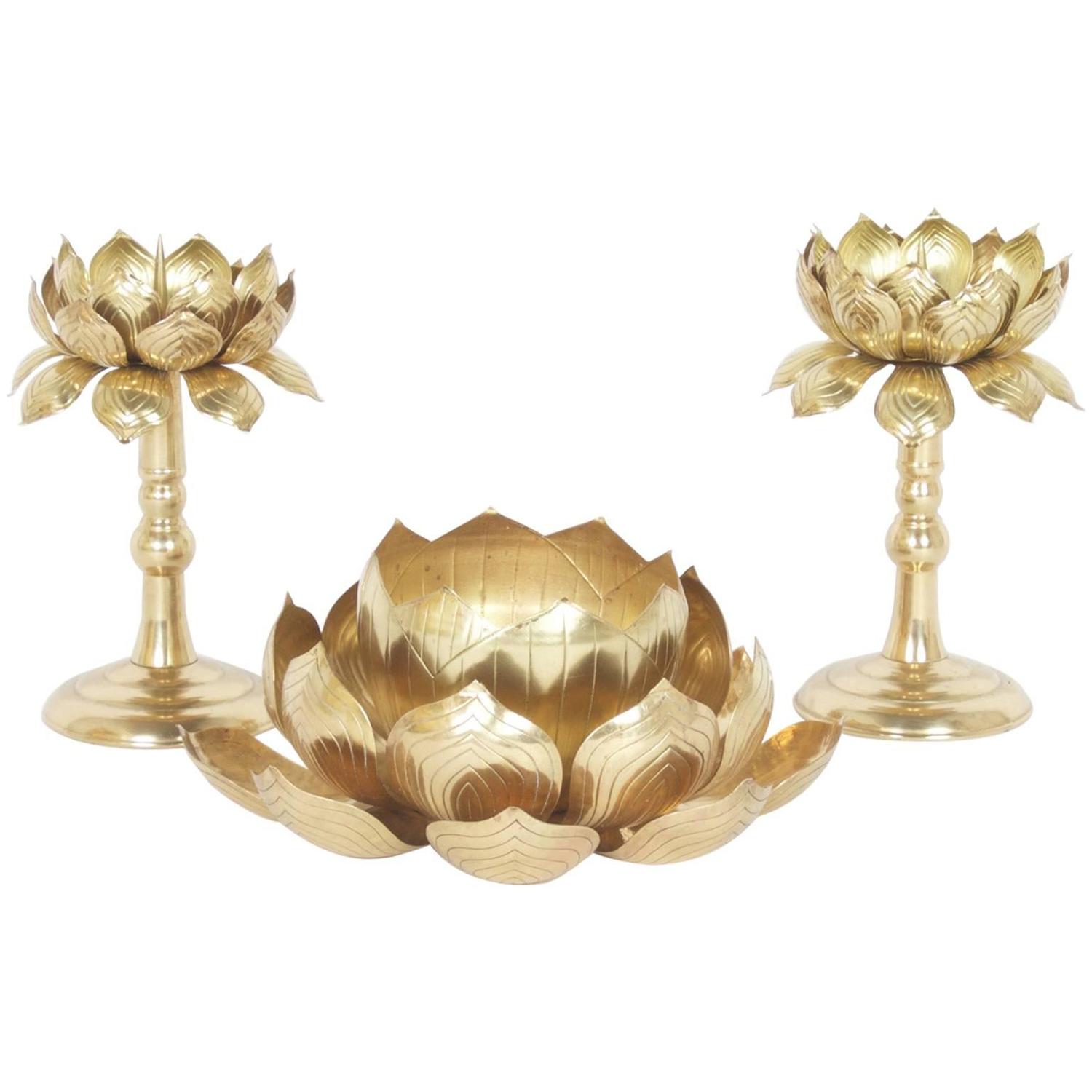 Pair of Lotus Candleholders or Candlesticks, Plus One For Sale at 1stdibs