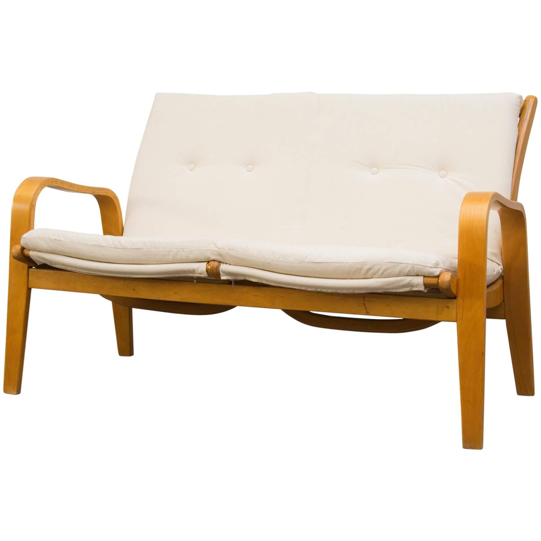 Cees Braakman Birch Loveseat for Pastoe w/ Original Straps & New Canvas Cushions For Sale