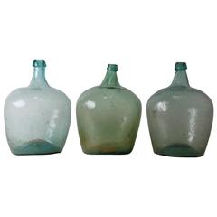 20th Century Green Handblown Glass Bottles/Demijohns Set of Three