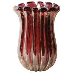1950s Italian Vintage Iridescent Ruby Red Vase Attributed to Ercole Barovier