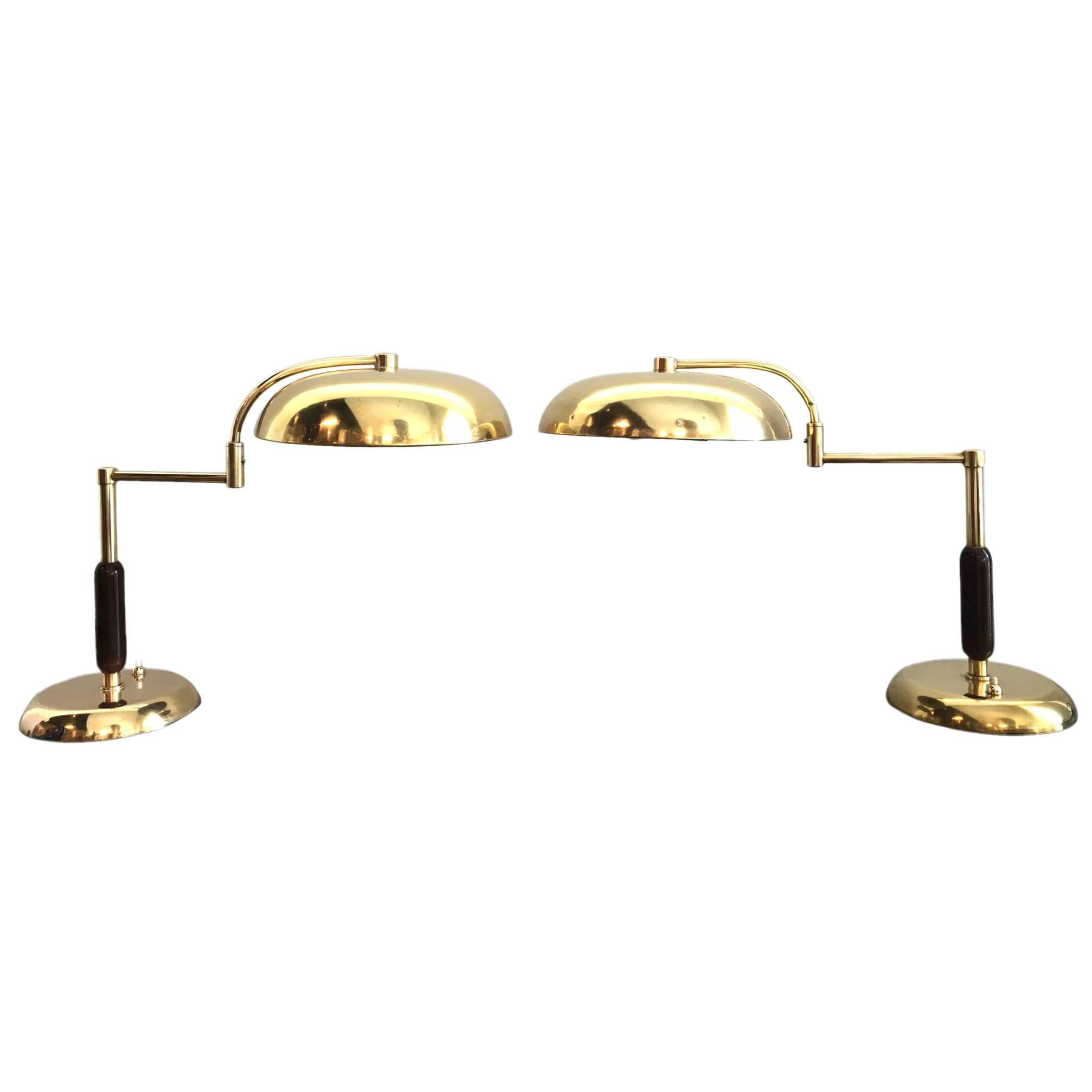 Unique Pair of French Brass and Wood Table Lamps For Sale