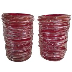 Pair of Red Murano Glass Vases by Pino Signoretto