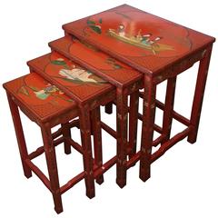 Vintage Set of Four Hand-Painted Lacquer Chinese Nesting Tables