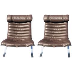 Pair of Brown Leather Ari Chairs and One Footstool by Arne Norell