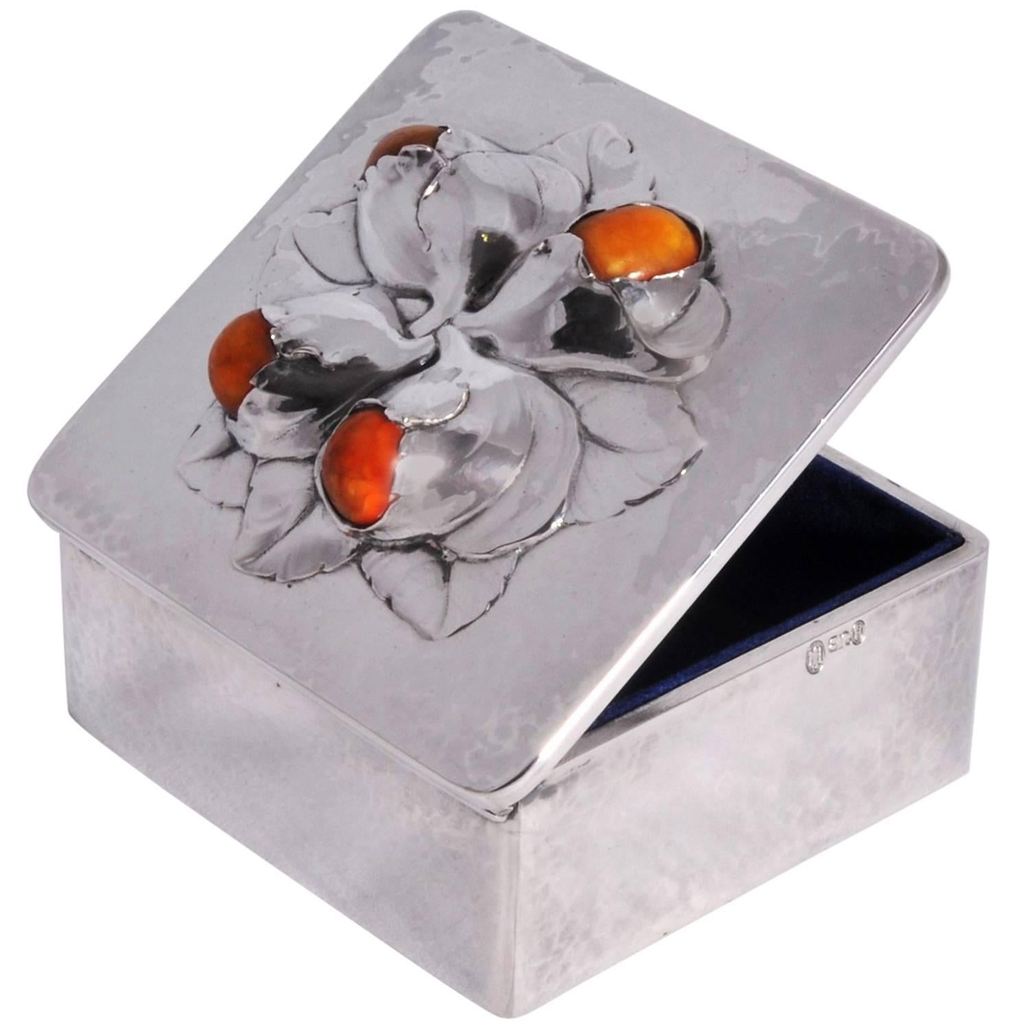 Evald Nielsen Silver and Amber Set Box in the Style of Georg Jensen