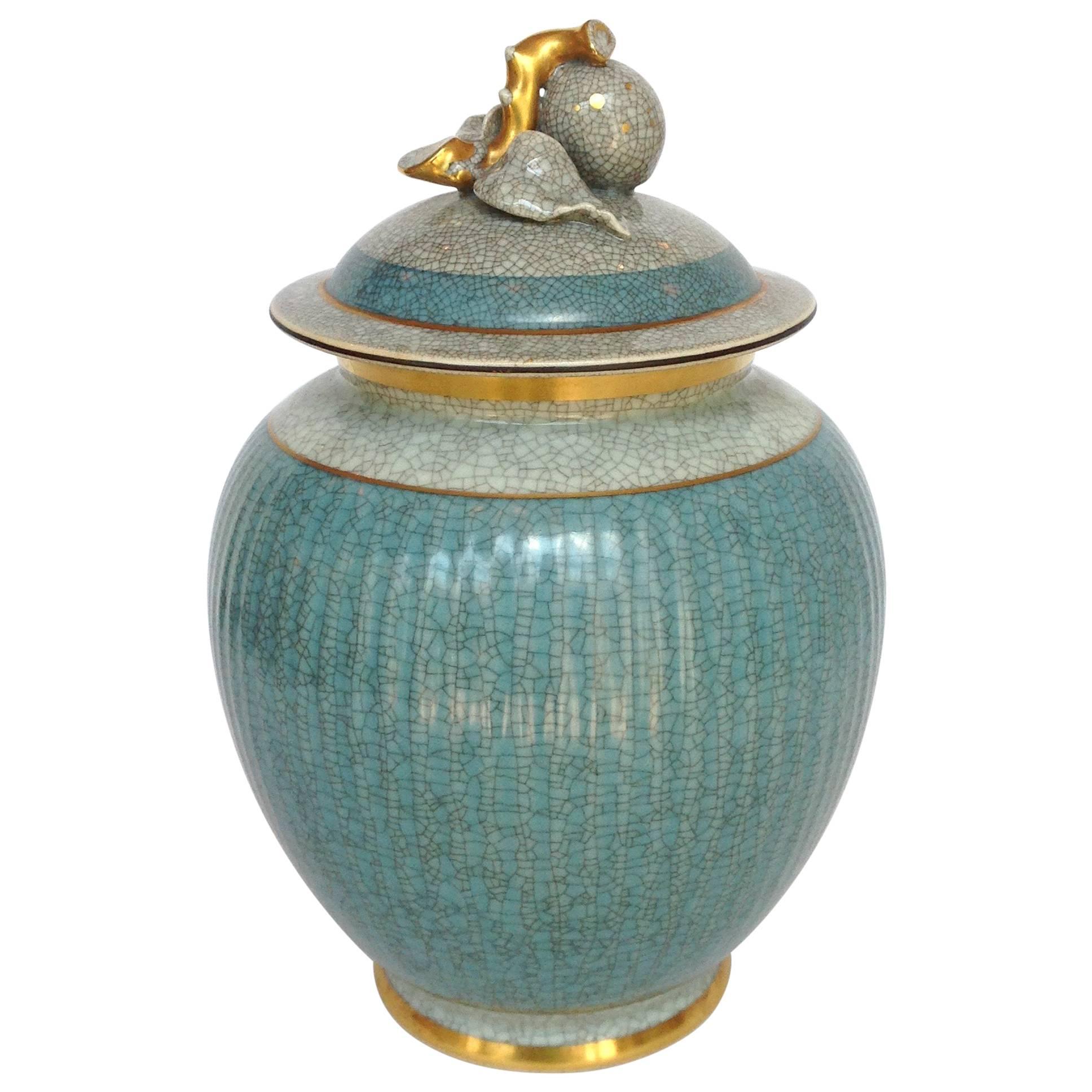 Craqueline Royal Copenhagen Covered Jar Aqua  For Sale