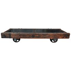 Antique Huge Industrial Steel and Pine Mine Wagon Coffee Table