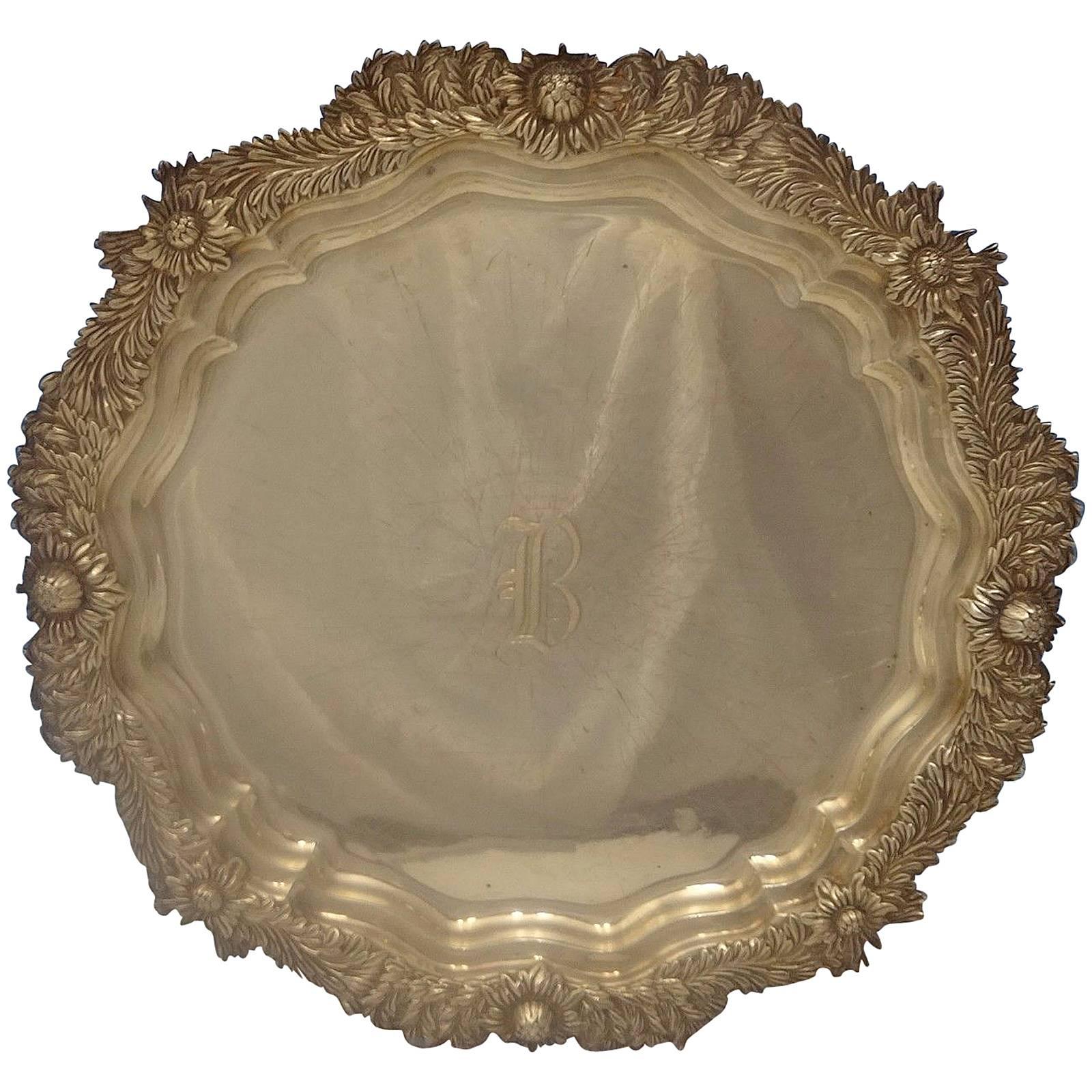 Marvellous Chrysanthemum by Tiffany & Co. sterling silver salver tray. It features an octagonal shape with eight large raised chrysanthemums. It has a 