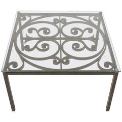 Antique French Hand-Forged Iron Coffee Table with Glass Top