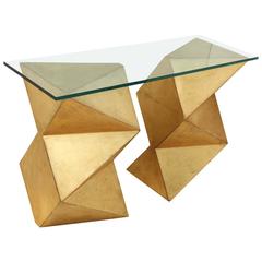 1970s French Geometric Form Giltwood and Glass Console Table