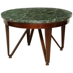 Round, Italian Mahogany Center Table with Green Marble Top and Wood Hairpin Legs