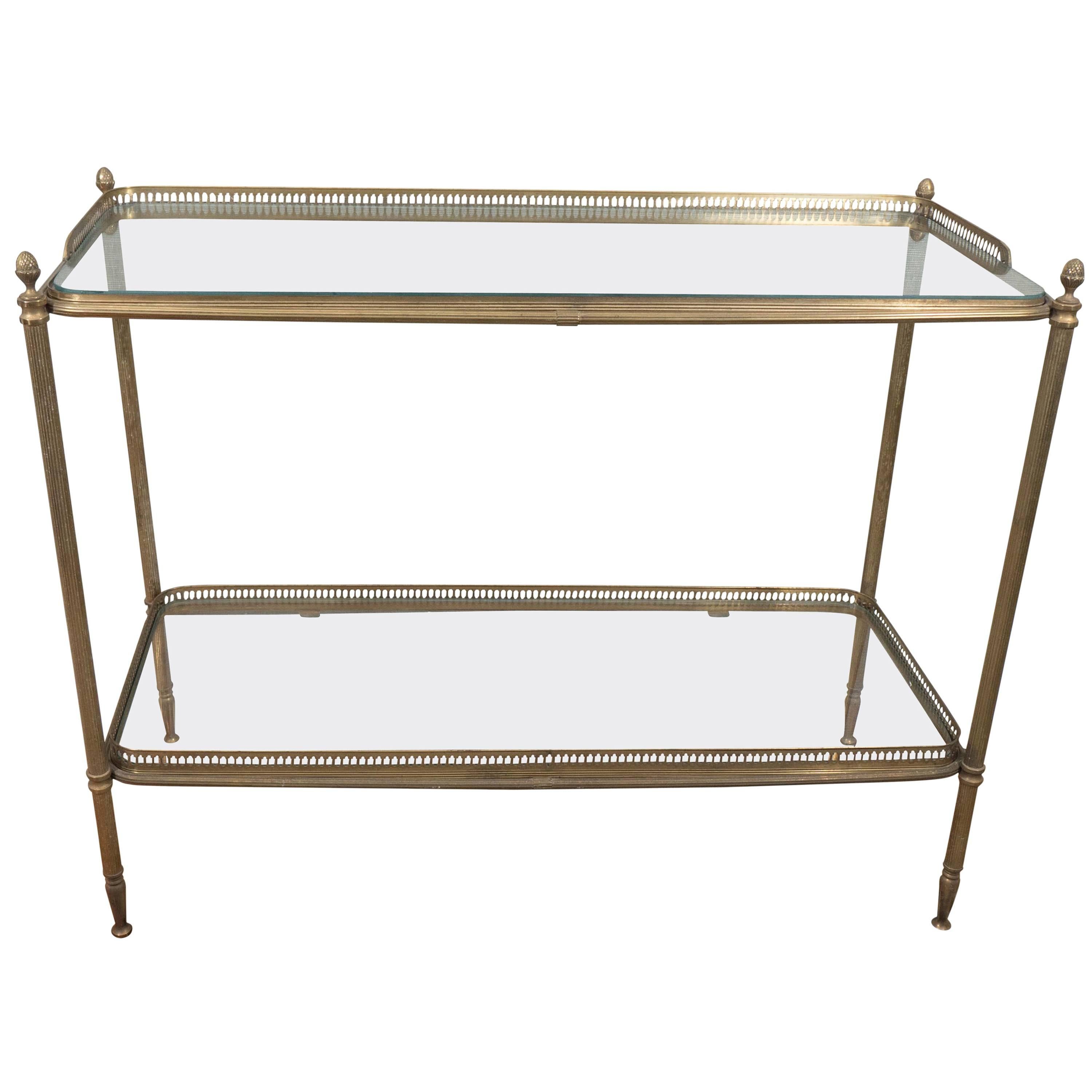 Brass Two-Tiered Console with Glass Shelves