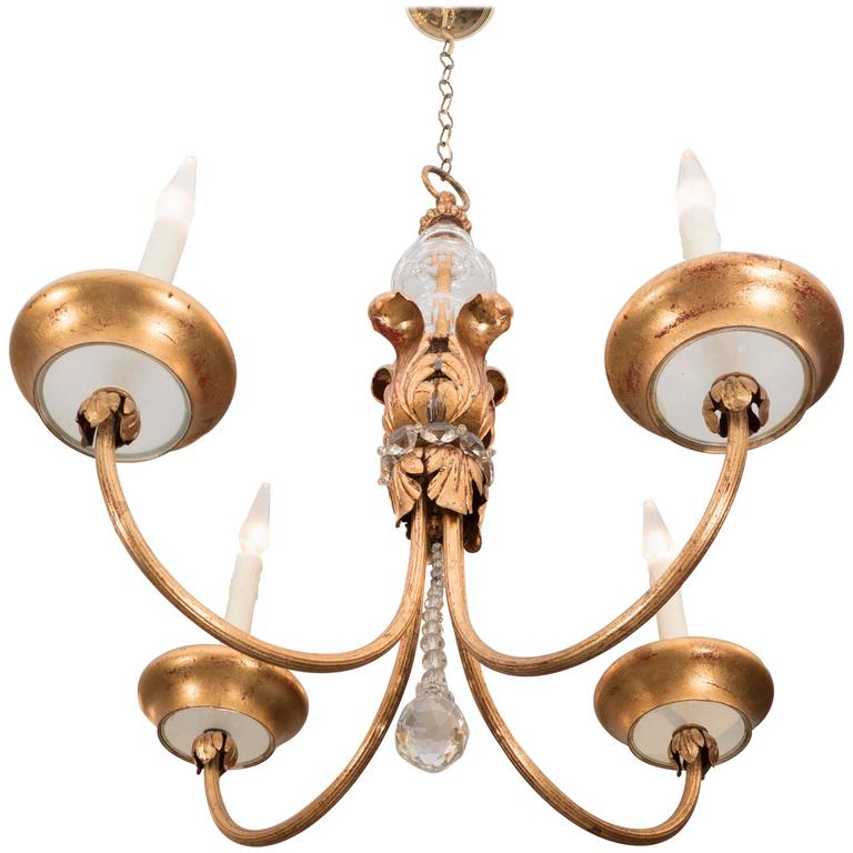 French Four-Arm Gilt Metal and Crystal Chandelier at 1stDibs
